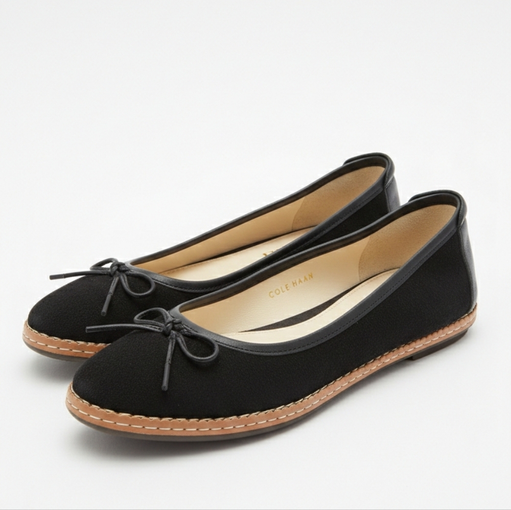 Cole Haan Black Suede All Day Ballet Flats Bow 7.5B Quiet Luxury Academic